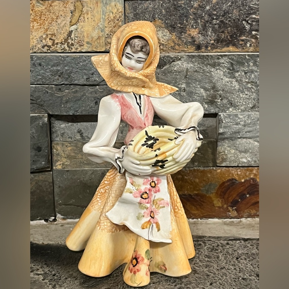 Vintage Italian Ceramic Stelio Mola Cagliari signed Figurine Girl Basket 50s